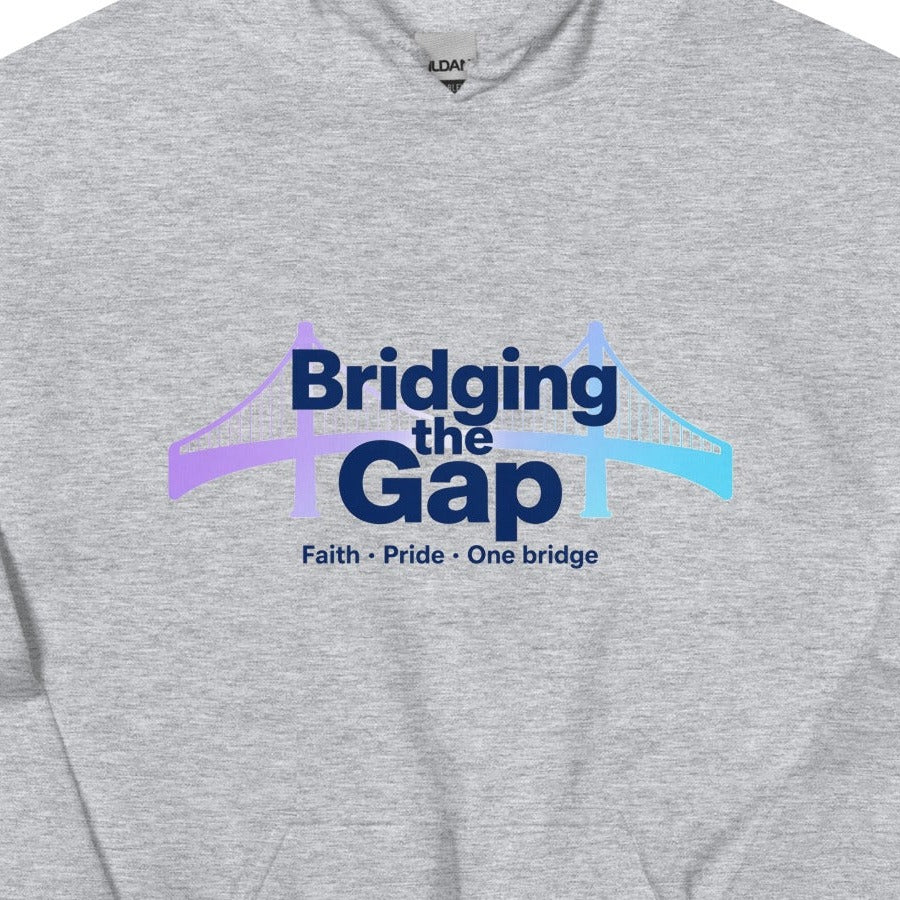 Bridging the Gap hoodie in Sport Grey, close-up of the front print