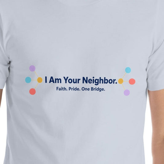 I Am Your Neighbor tee in Light Blue, close-up of the front print