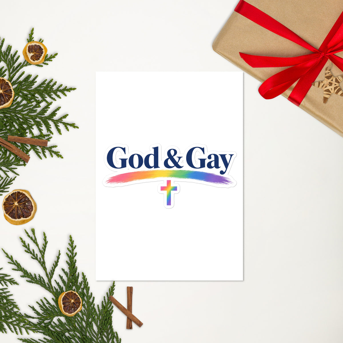 God & Gay sticker sheet flat-lay, true scale
