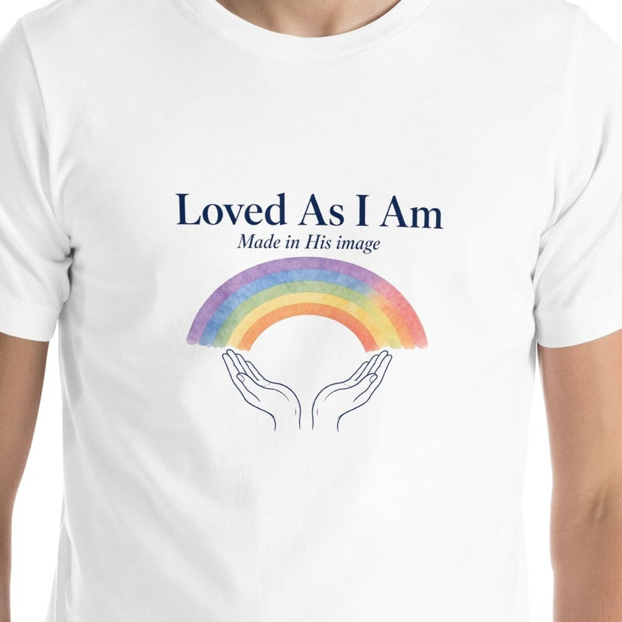 Loved As I Am tee in White, close-up of the front print