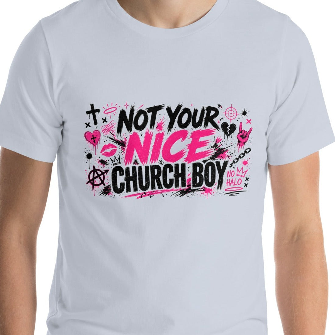 Not Your Nice Church Boy tee in Light Blue, close-up of the front print