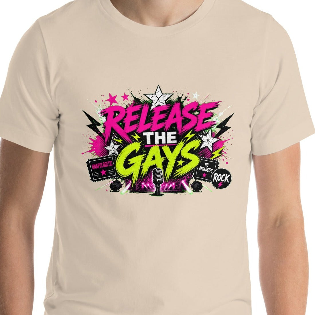 Release the Gays tee in Soft Cream, close-up of the front print