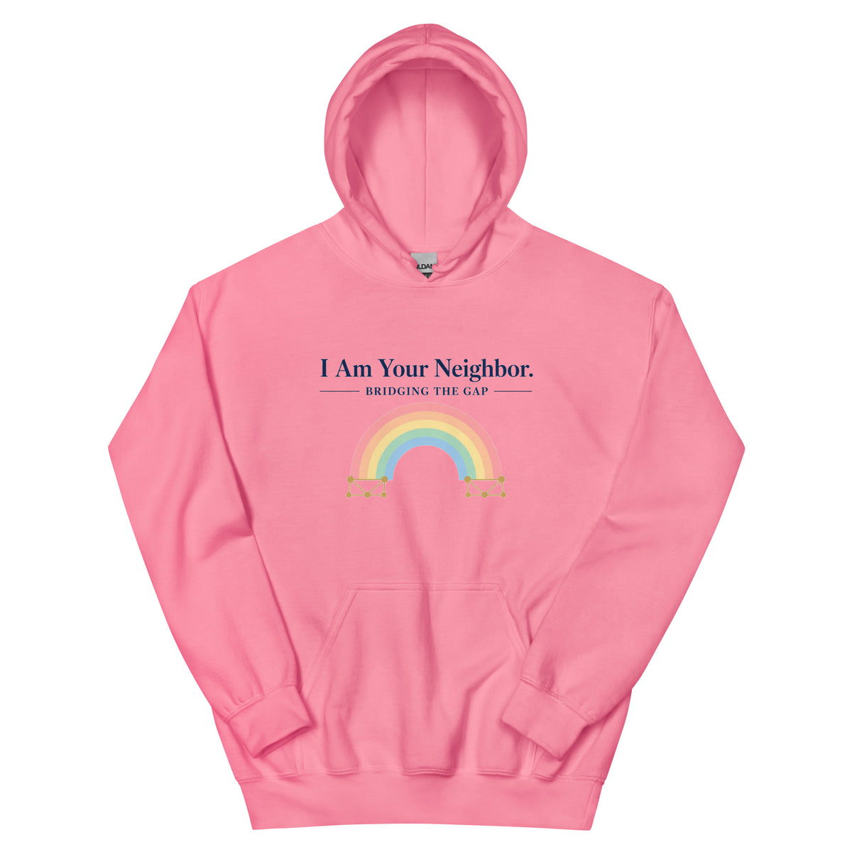 I Am Your Neighbor hoodie in Azalea, front view