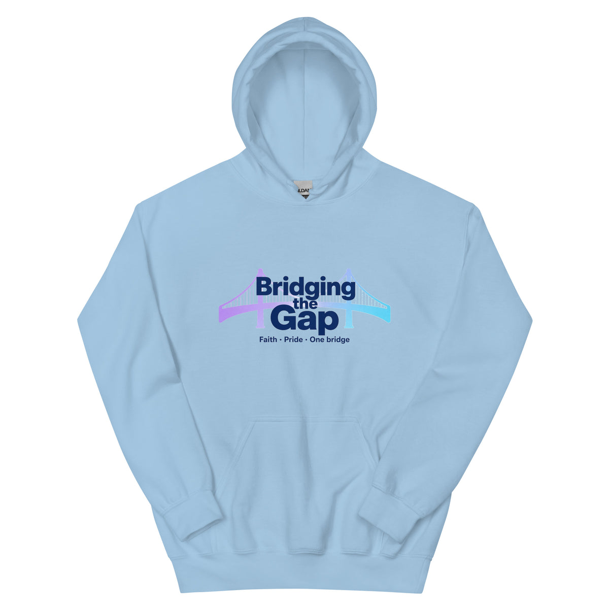 Bridging the Gap hoodie in Light Blue, front view