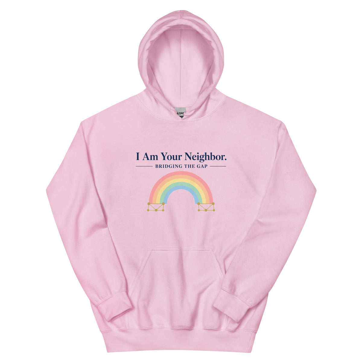I Am Your Neighbor hoodie in Light Pink, front view