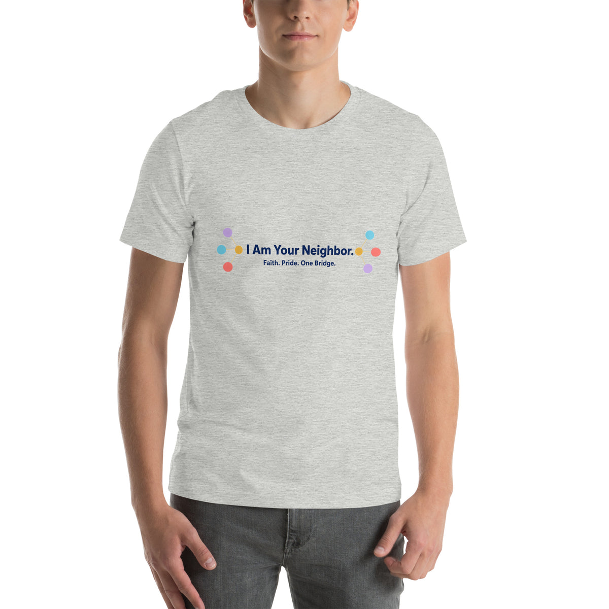I Am Your Neighbor tee in Athletic Heather, front view