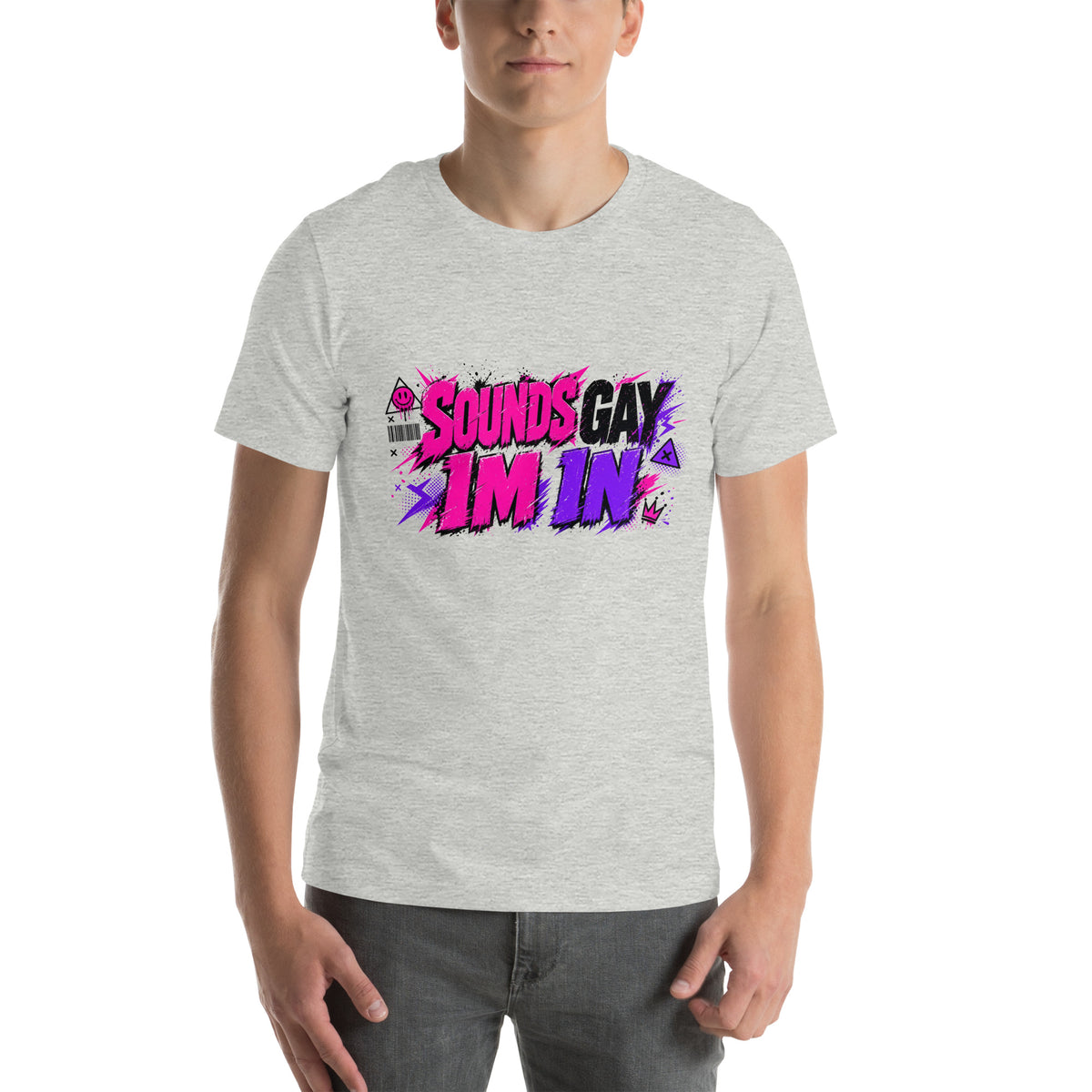 Sounds Gay I'm In tee in Athletic Heather, front view