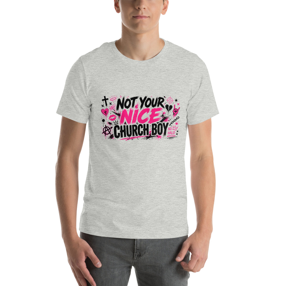 Not Your Nice Church Boy tee in Athletic Heather, front view