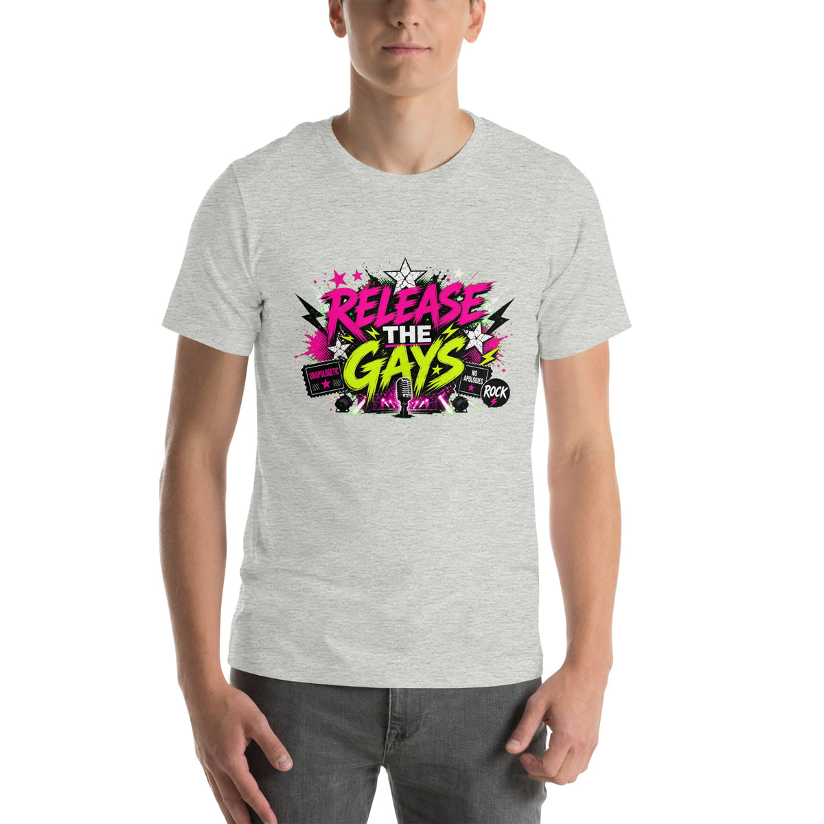 Release the Gays tee in Athletic Heather, front view
