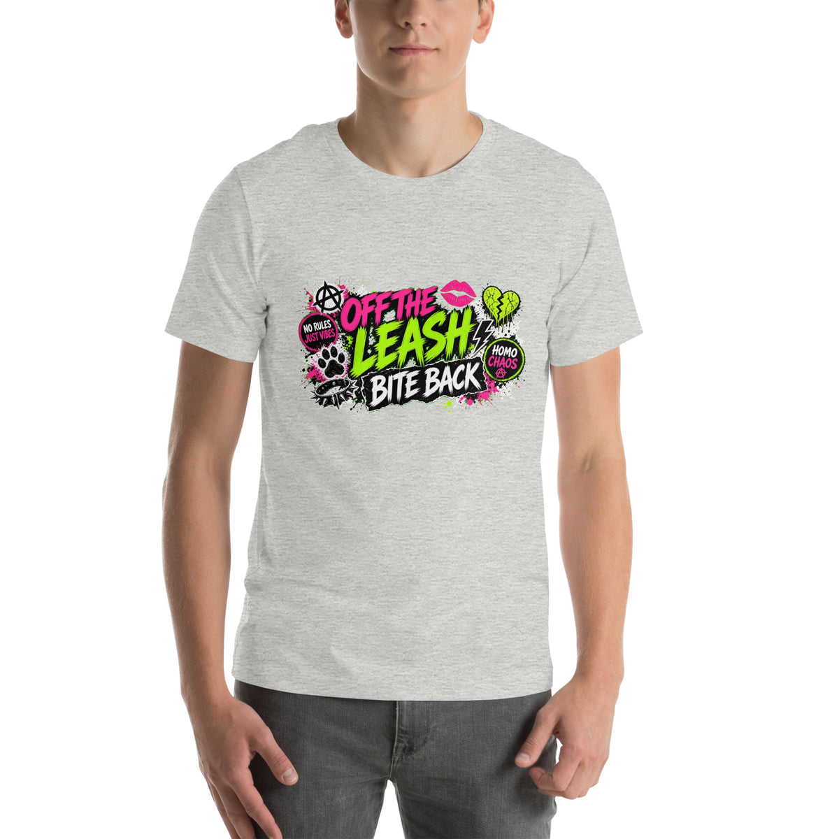 Off The Leash tee in Athletic Heather, front view
