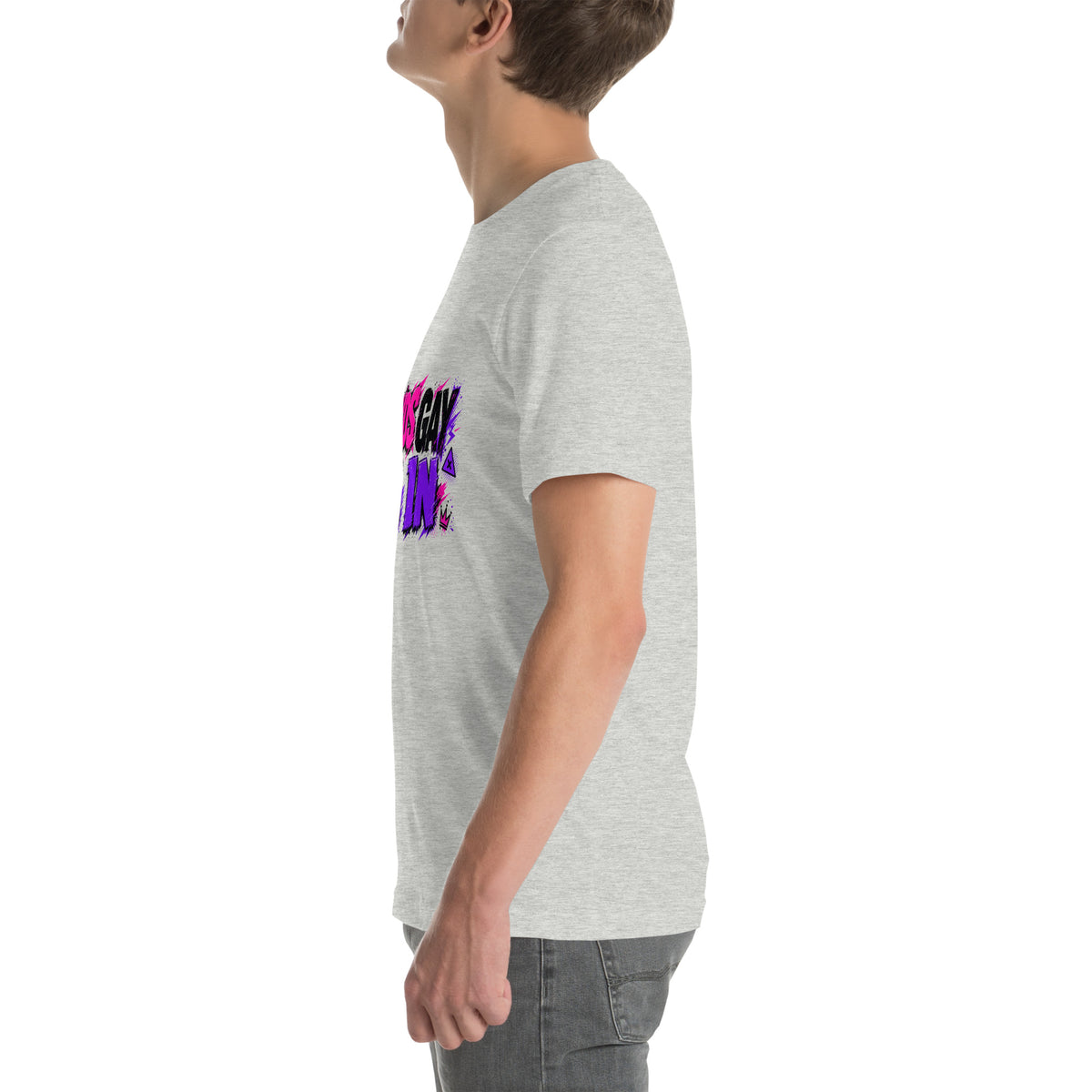 Sounds Gay I'm In tee in Athletic Heather, left view