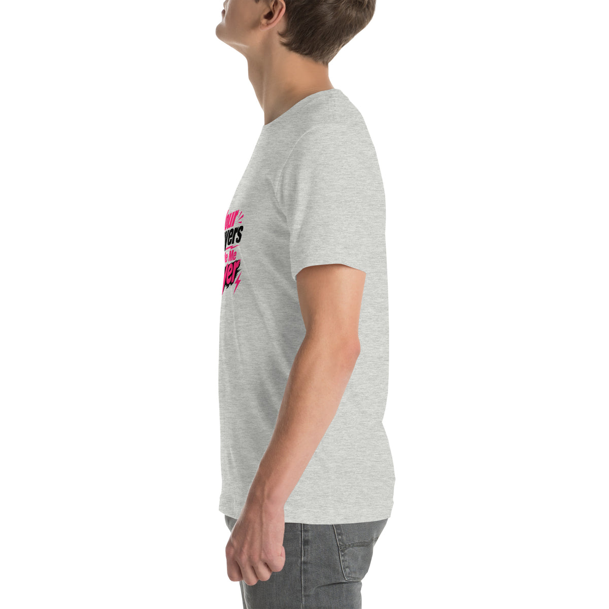 Your Prayers Made Me Gayer tee in Athletic Heather, left view