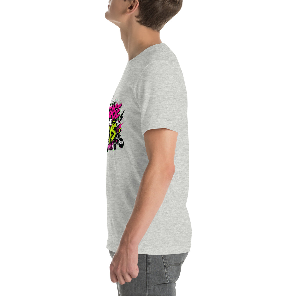 Release the Gays tee in Athletic Heather, left view