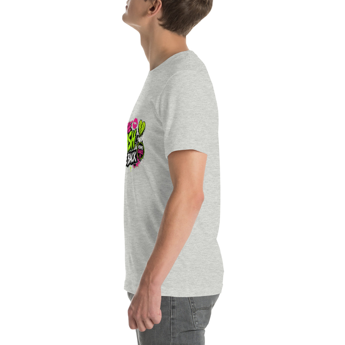 Off The Leash tee in Athletic Heather, left view