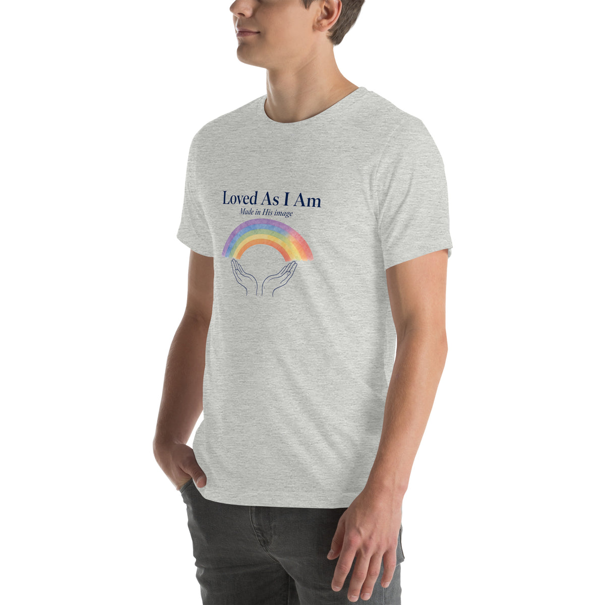 Loved As I Am tee in Athletic Heather, left front view
