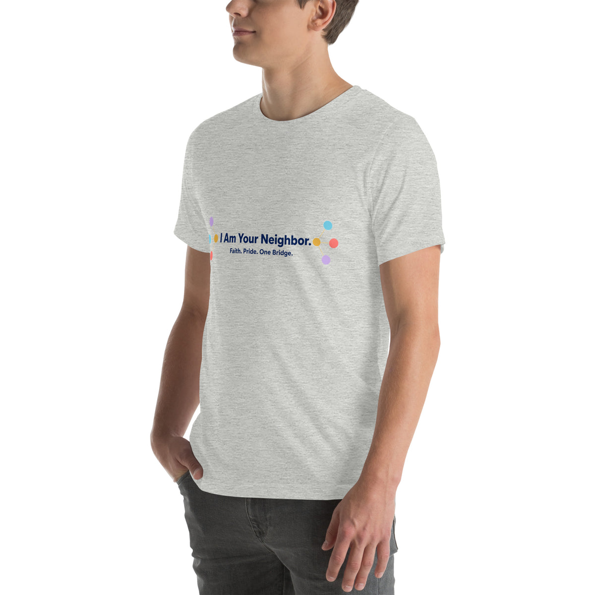 I Am Your Neighbor tee in Athletic Heather, angled front view on model