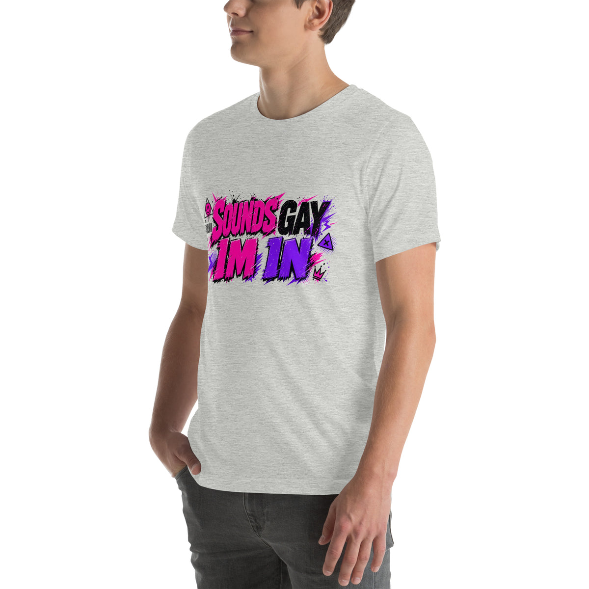 Sounds Gay I'm In tee in Athletic Heather, angled front view on model