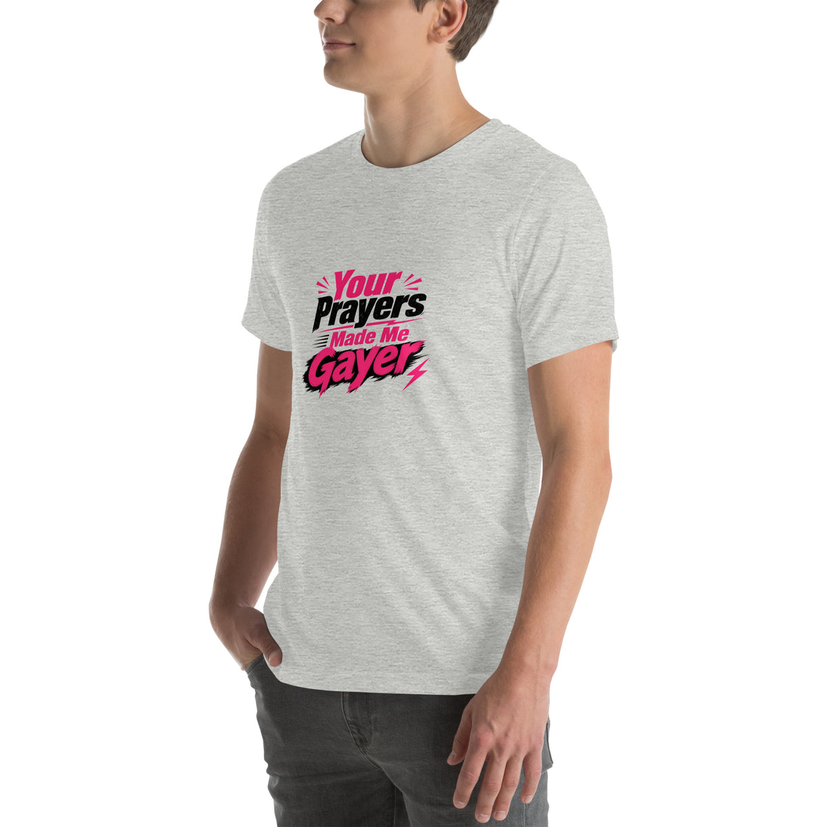 Your Prayers Made Me Gayer tee in Athletic Heather, angled front view on model