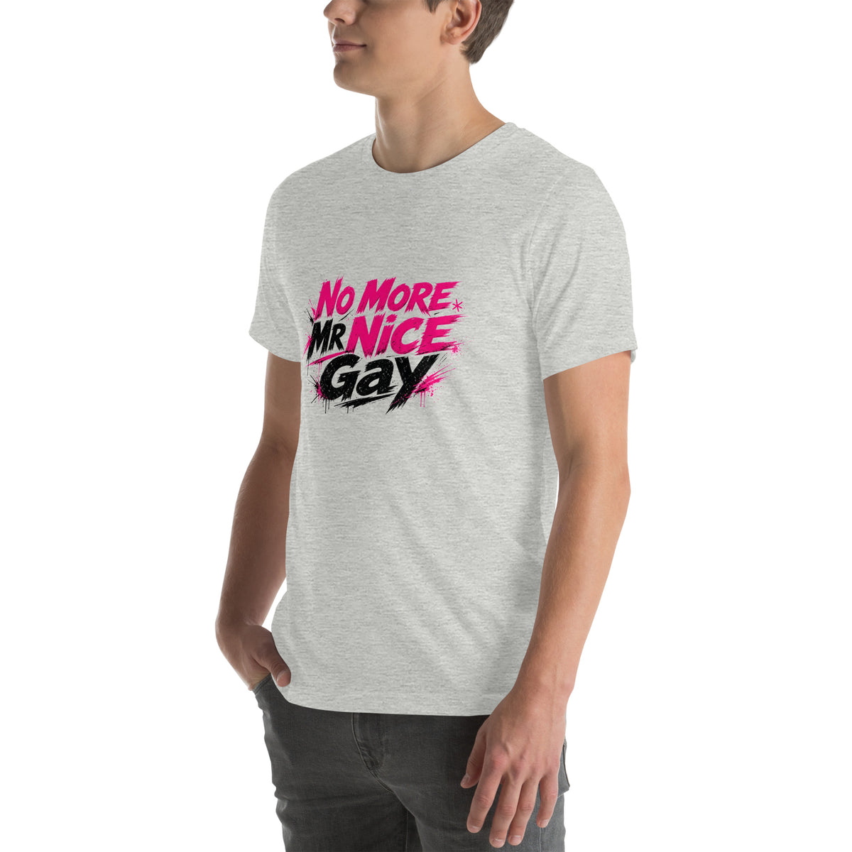 No More Mr Nice Gay tee in Athletic Heather, angled front view on model