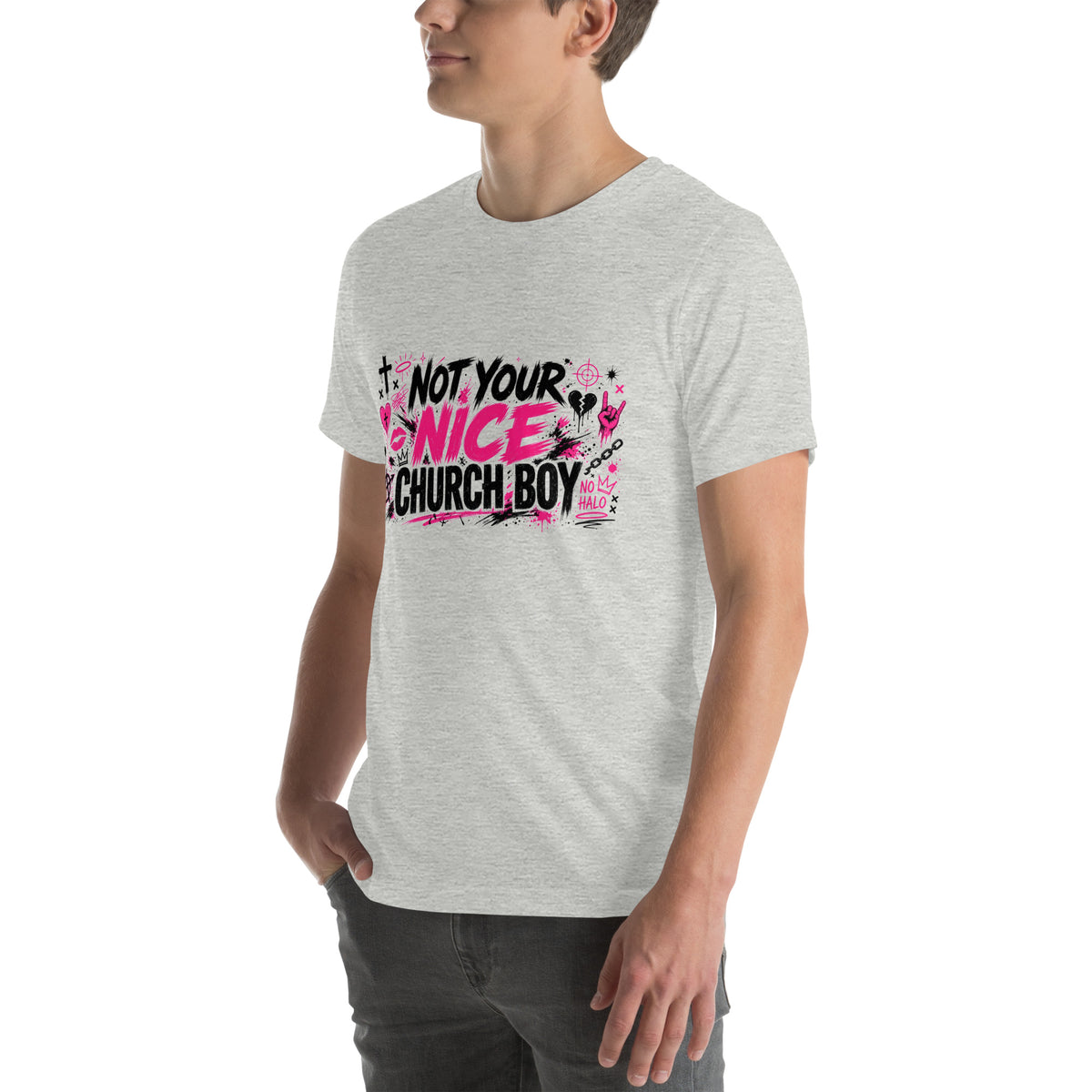Not Your Nice Church Boy tee in Athletic Heather, angled front view on model