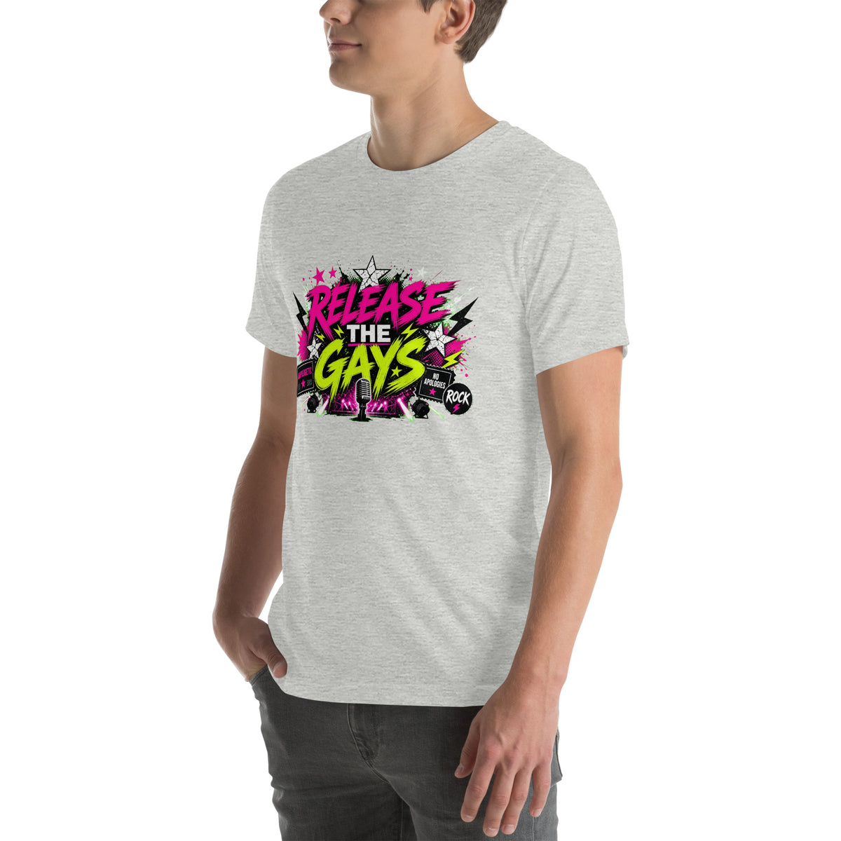 Release the Gays tee in Athletic Heather, angled front view on model