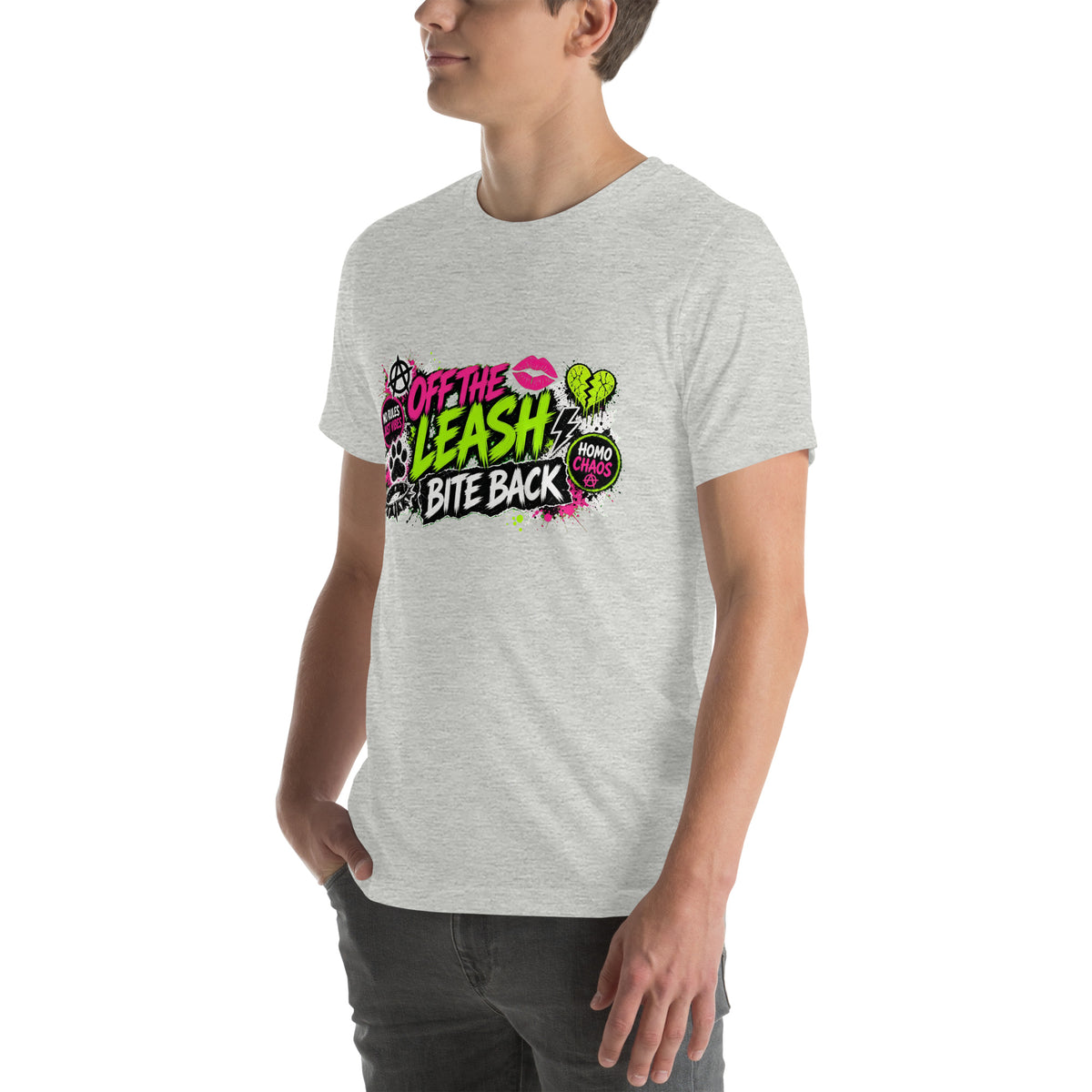 Off The Leash tee in Athletic Heather, angled front view on model