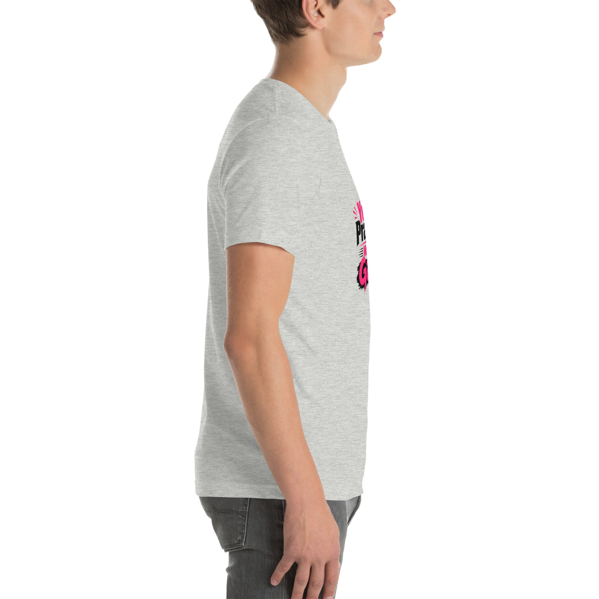 Your Prayers Made Me Gayer tee in Athletic Heather, right view