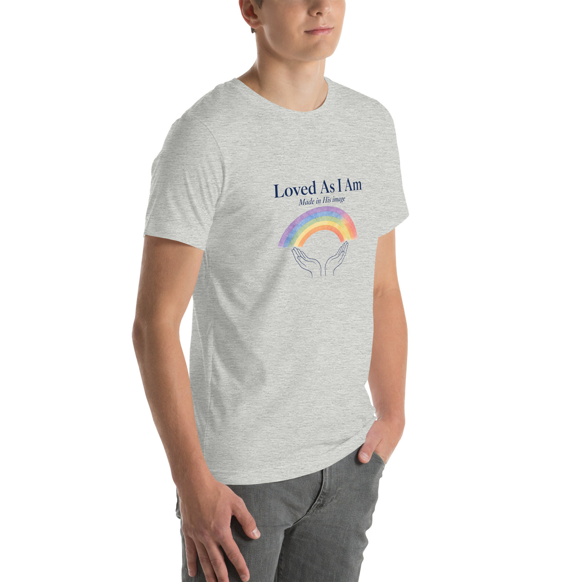 Loved As I Am tee in Athletic Heather, right front view