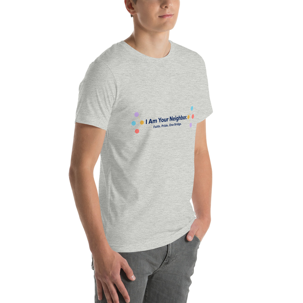 I Am Your Neighbor tee in Athletic Heather, right front view
