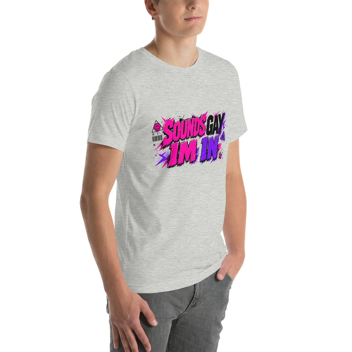 Sounds Gay I'm In tee in Athletic Heather, right front view