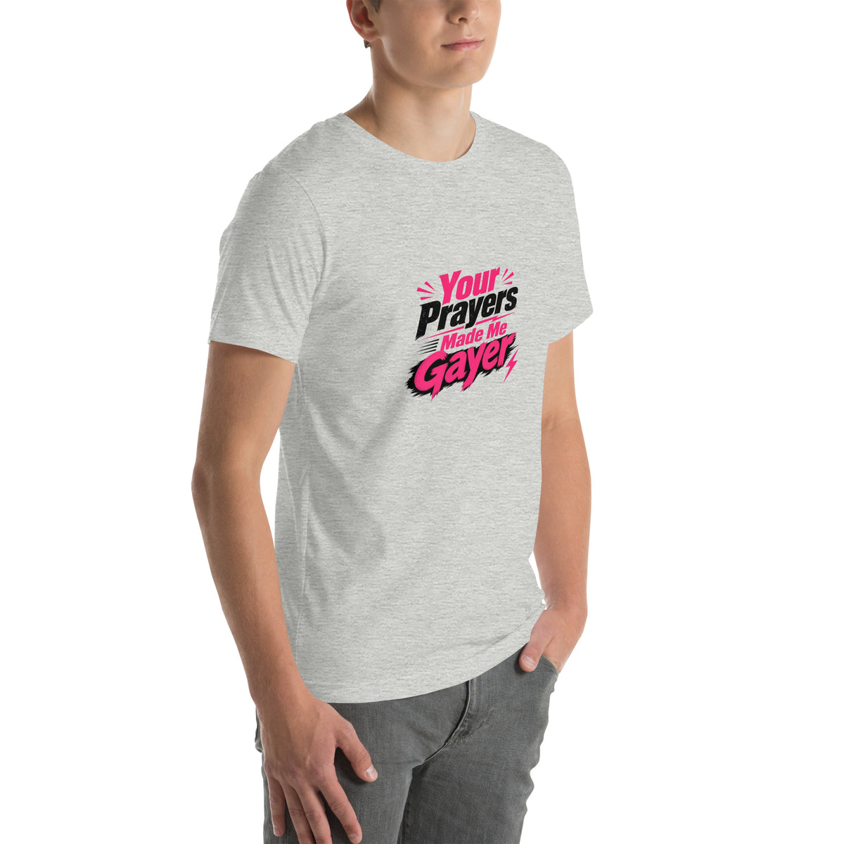Your Prayers Made Me Gayer tee in Athletic Heather, right front view
