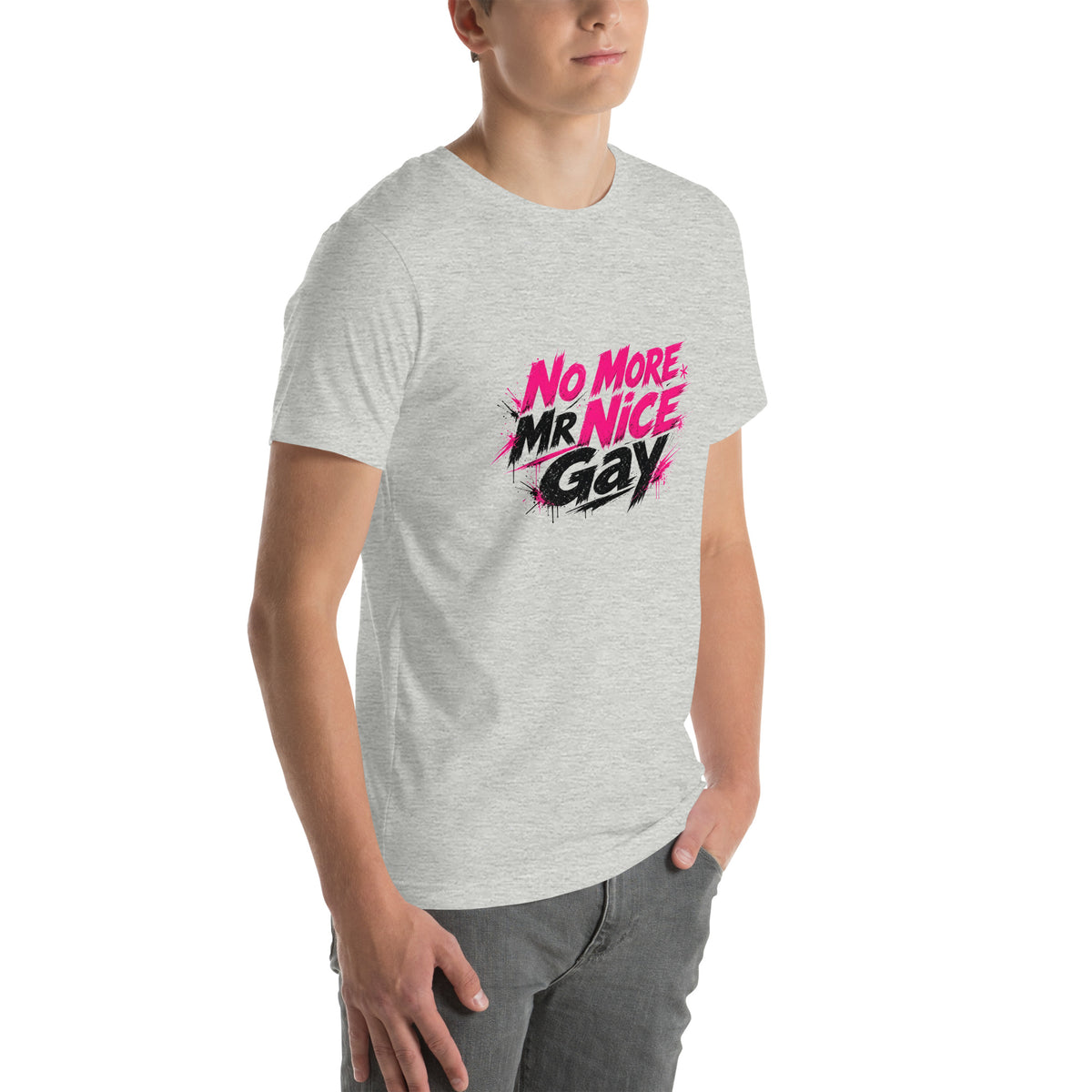 No More Mr Nice Gay tee in Athletic Heather, right front view