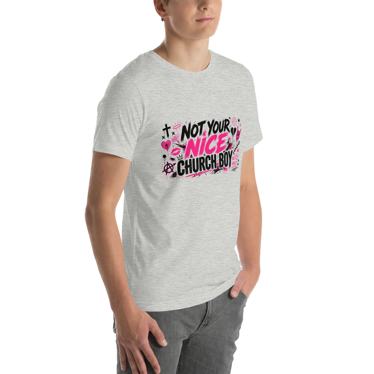 Not Your Nice Church Boy tee in Athletic Heather, right front view
