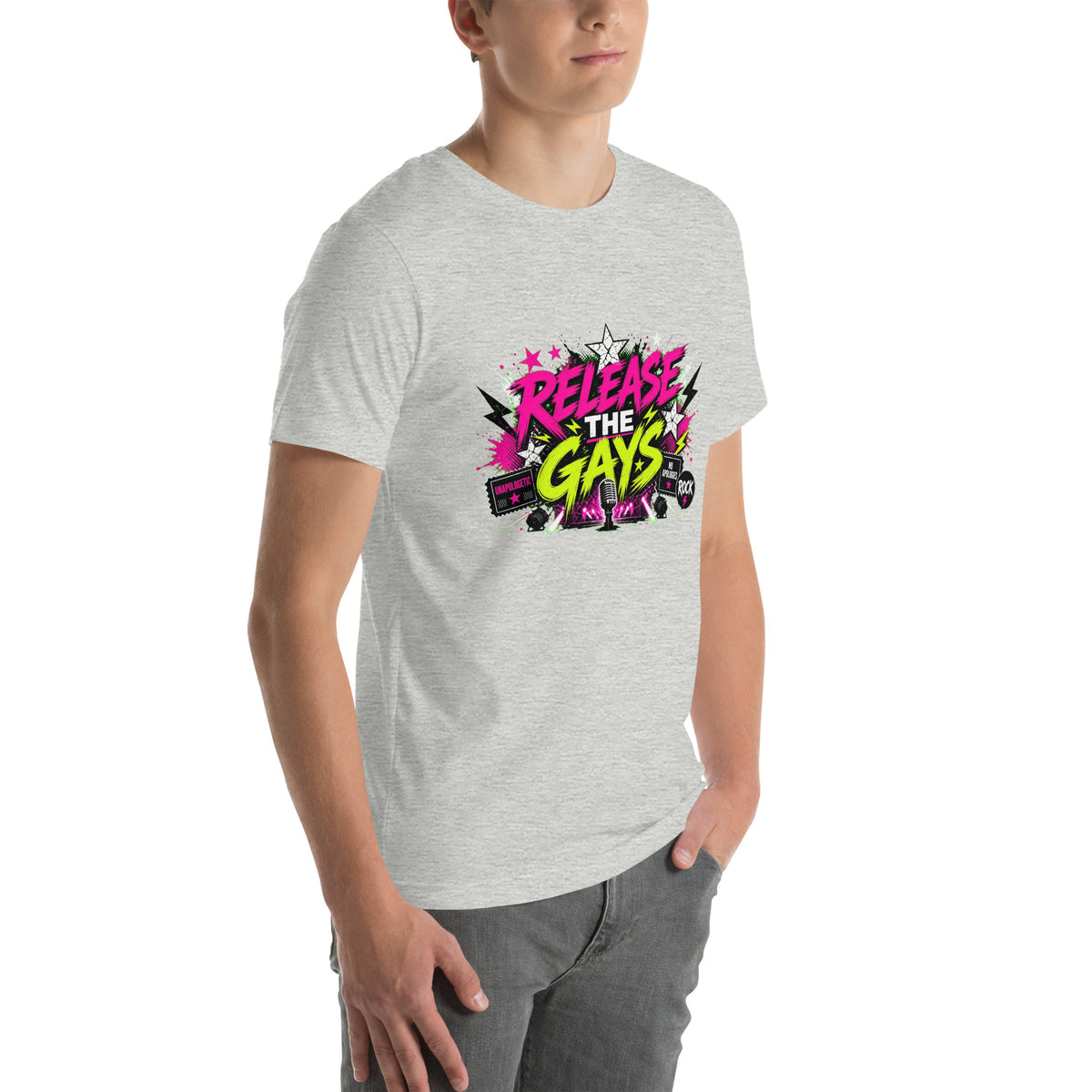 Release the Gays tee in Athletic Heather, right front view