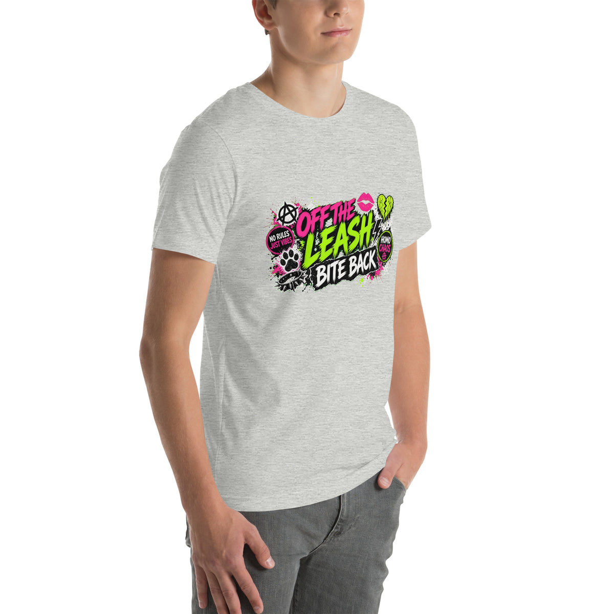 Off The Leash tee in Athletic Heather, right front view