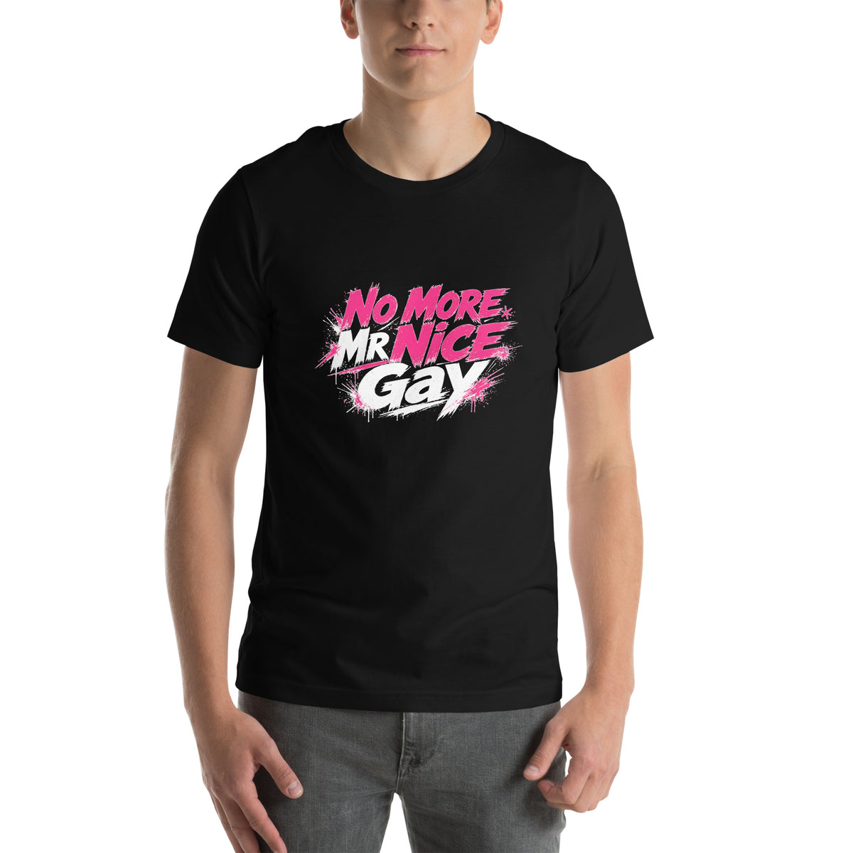 No More Mr Nice Gay tee in Black, front view on model, hot-pink and white slogan print