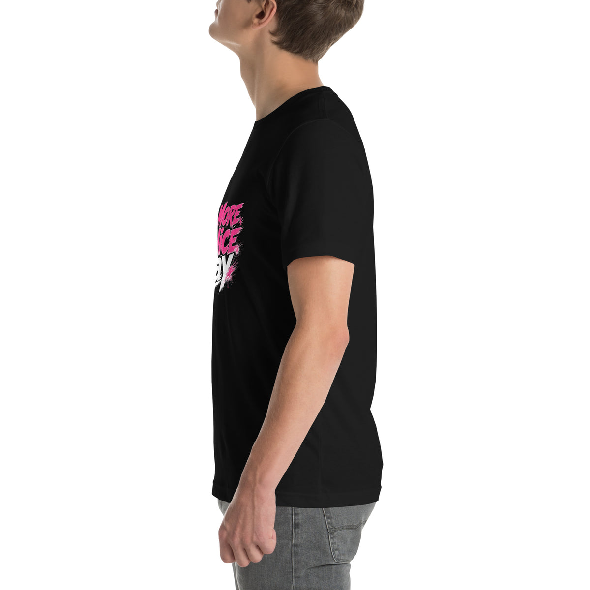 No More Mr Nice Gay tee in Black, left side view on model, hot-pink and white slogan print partly visible on the chest