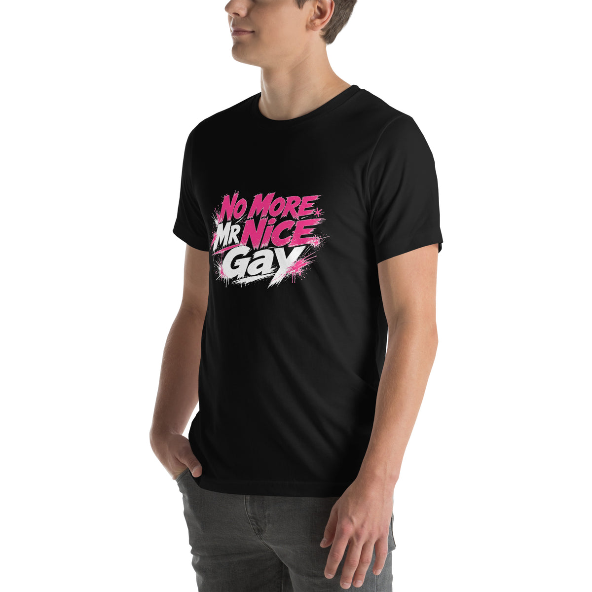 No More Mr Nice Gay tee in Black, angled left front view on model, hot-pink and white slogan print