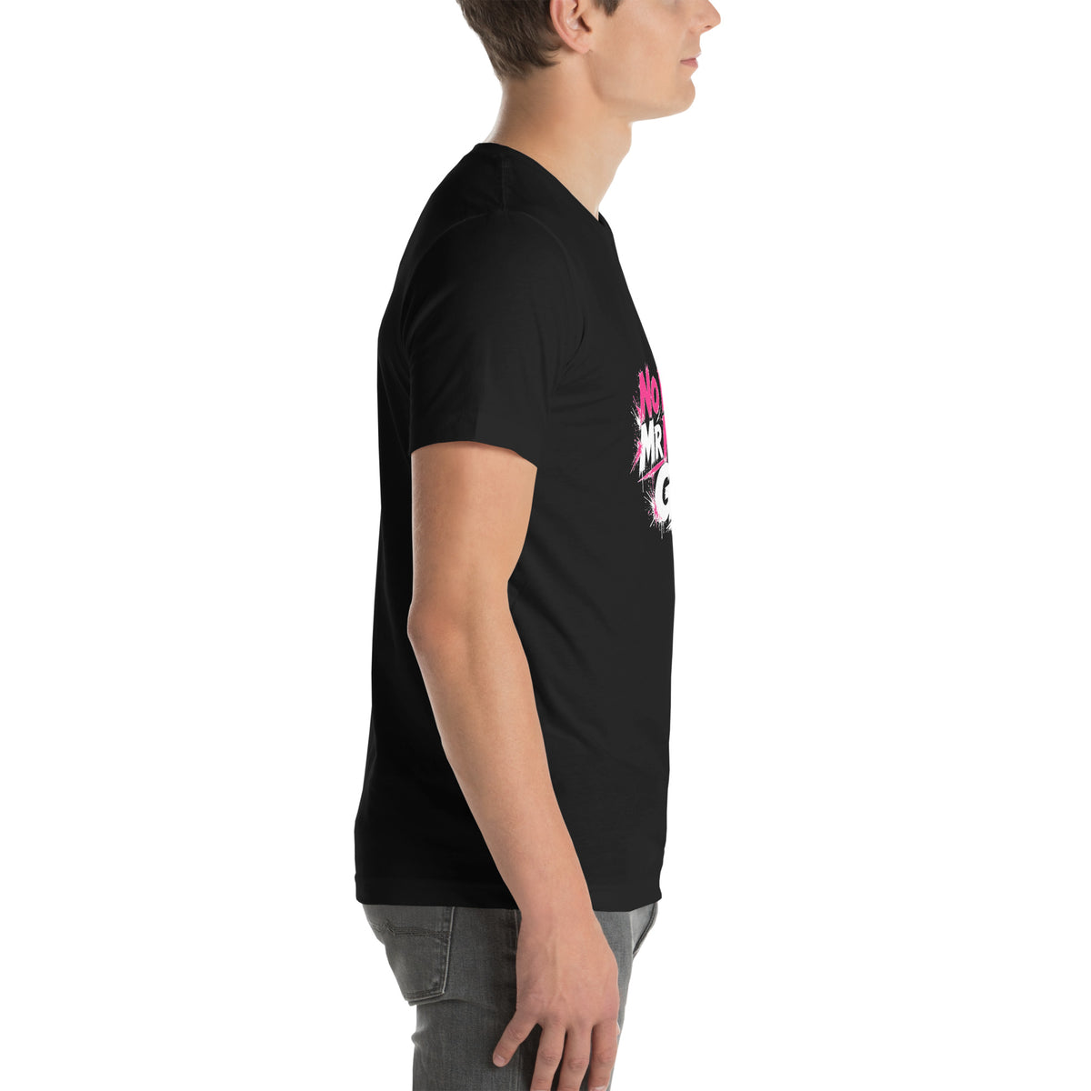 No More Mr Nice Gay tee in Black, right side view on model, hot-pink and white slogan print partly visible on the chest