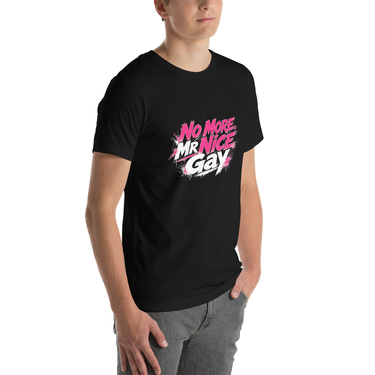 No More Mr Nice Gay tee in Black, angled right front view on model, hot-pink and white slogan print