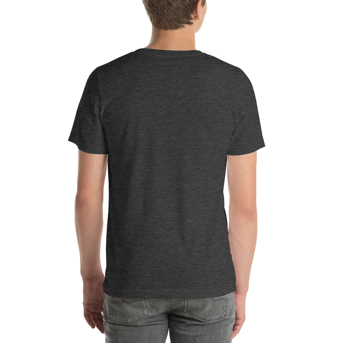 No More Mr Nice Gay tee in Dark Grey Heather, back view on model, plain back (slogan is printed on the front)