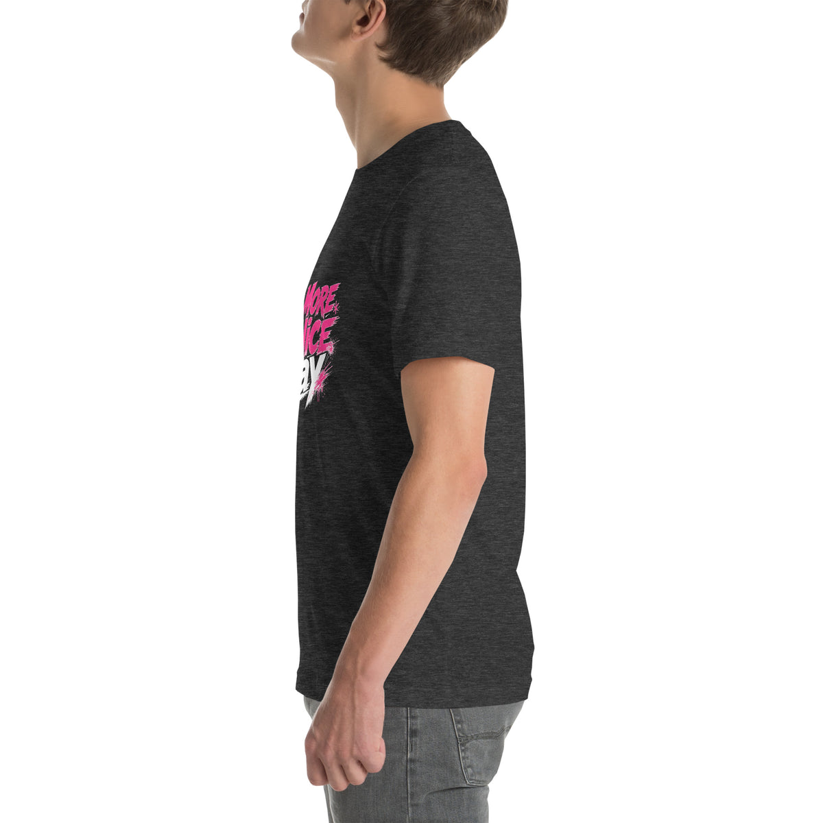 No More Mr Nice Gay tee in Dark Grey Heather, left side view on model, hot-pink and white slogan print partly visible on the chest