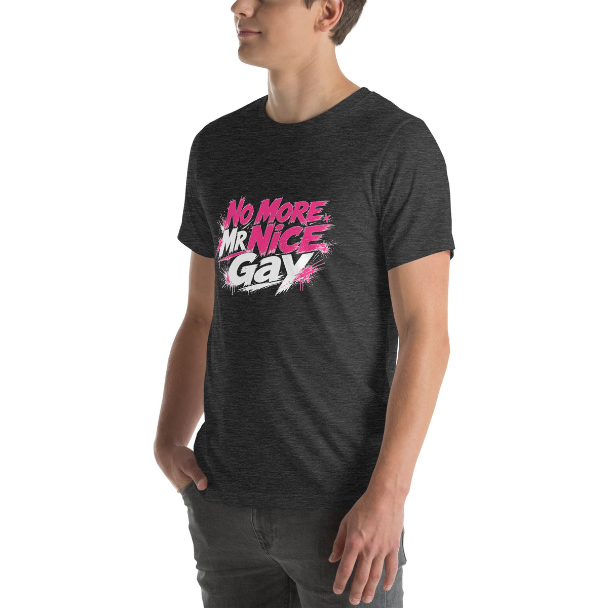 No More Mr Nice Gay tee in Dark Grey Heather, angled left front view on model, hot-pink and white slogan print