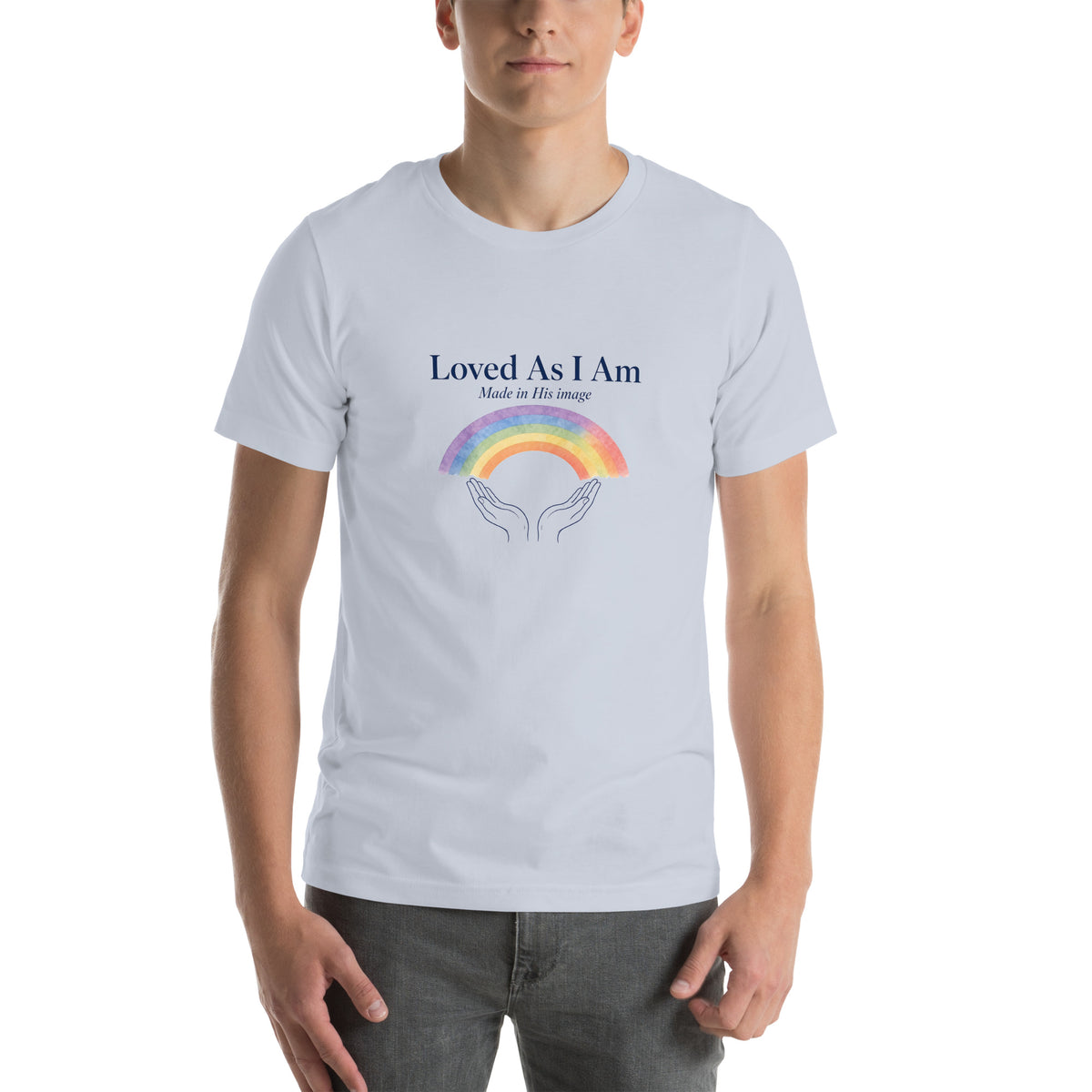 Loved As I Am tee in Light Blue, front view