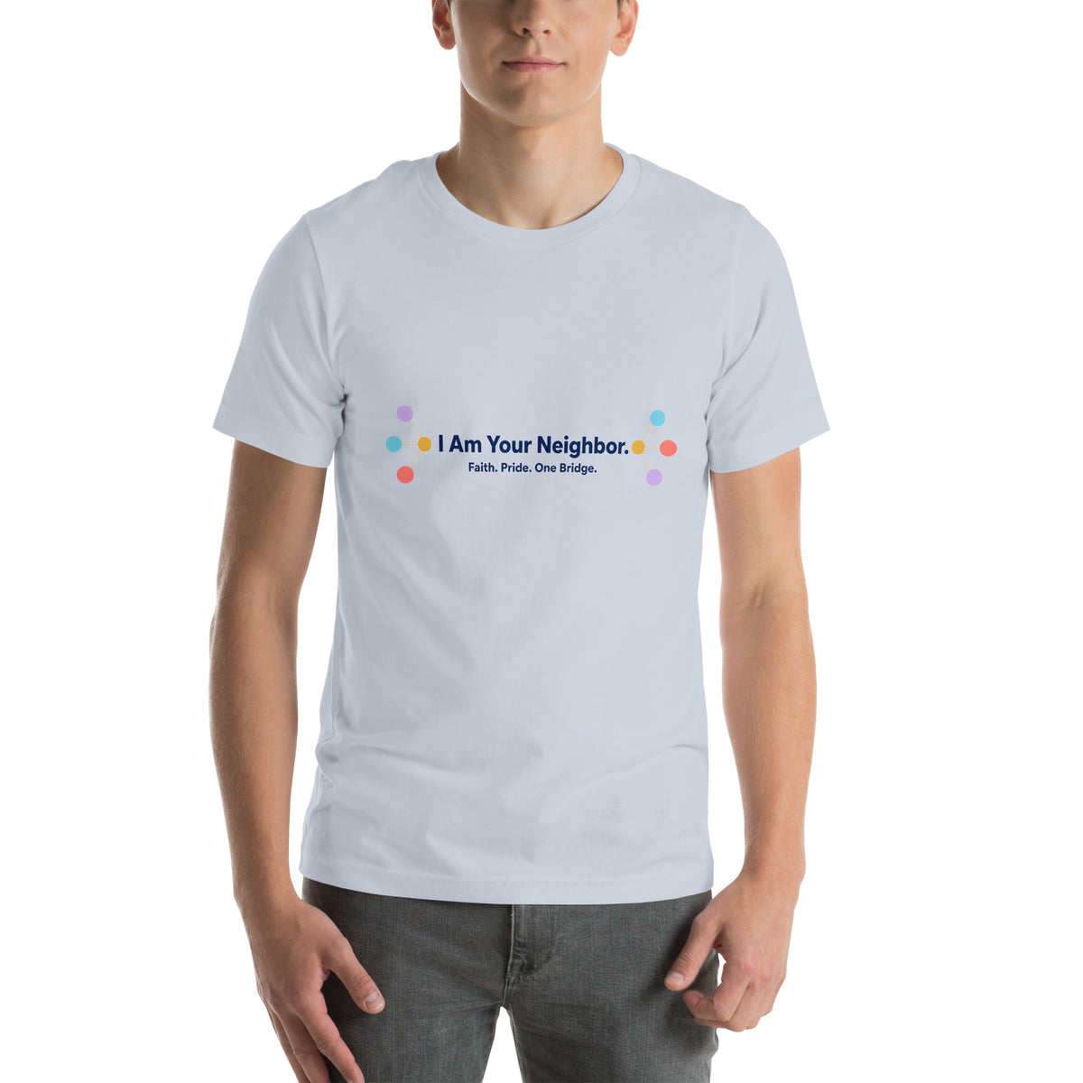 I Am Your Neighbor tee in Light Blue, front view