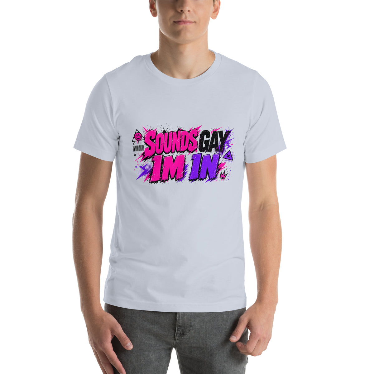 Sounds Gay I'm In tee in Light Blue, front view