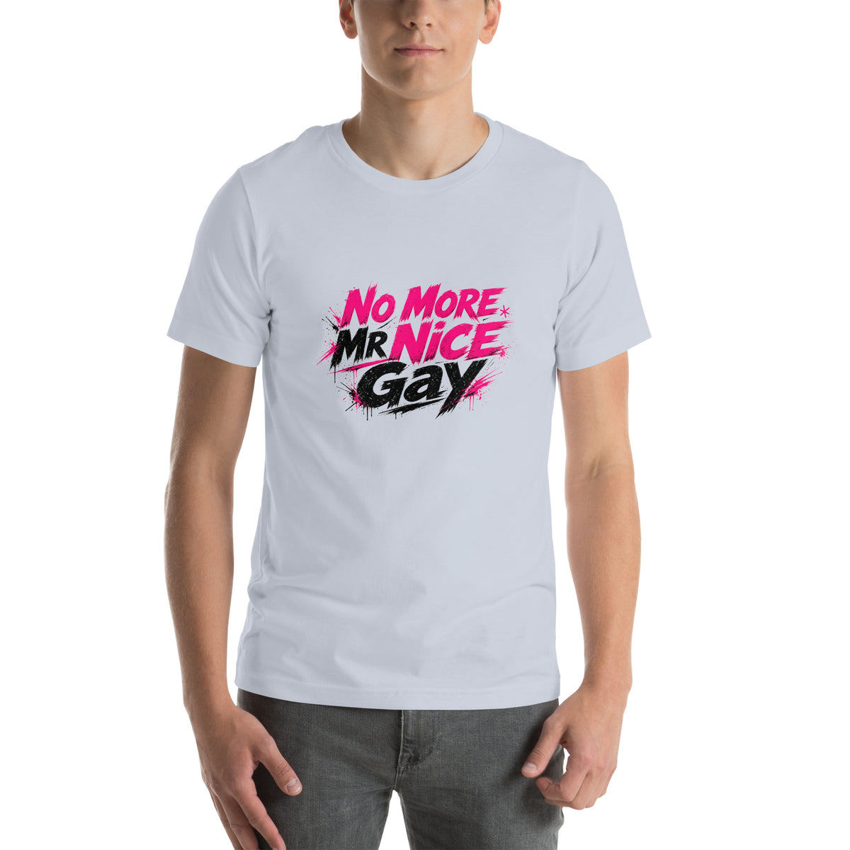 No More Mr Nice Gay tee in Light Blue, front view