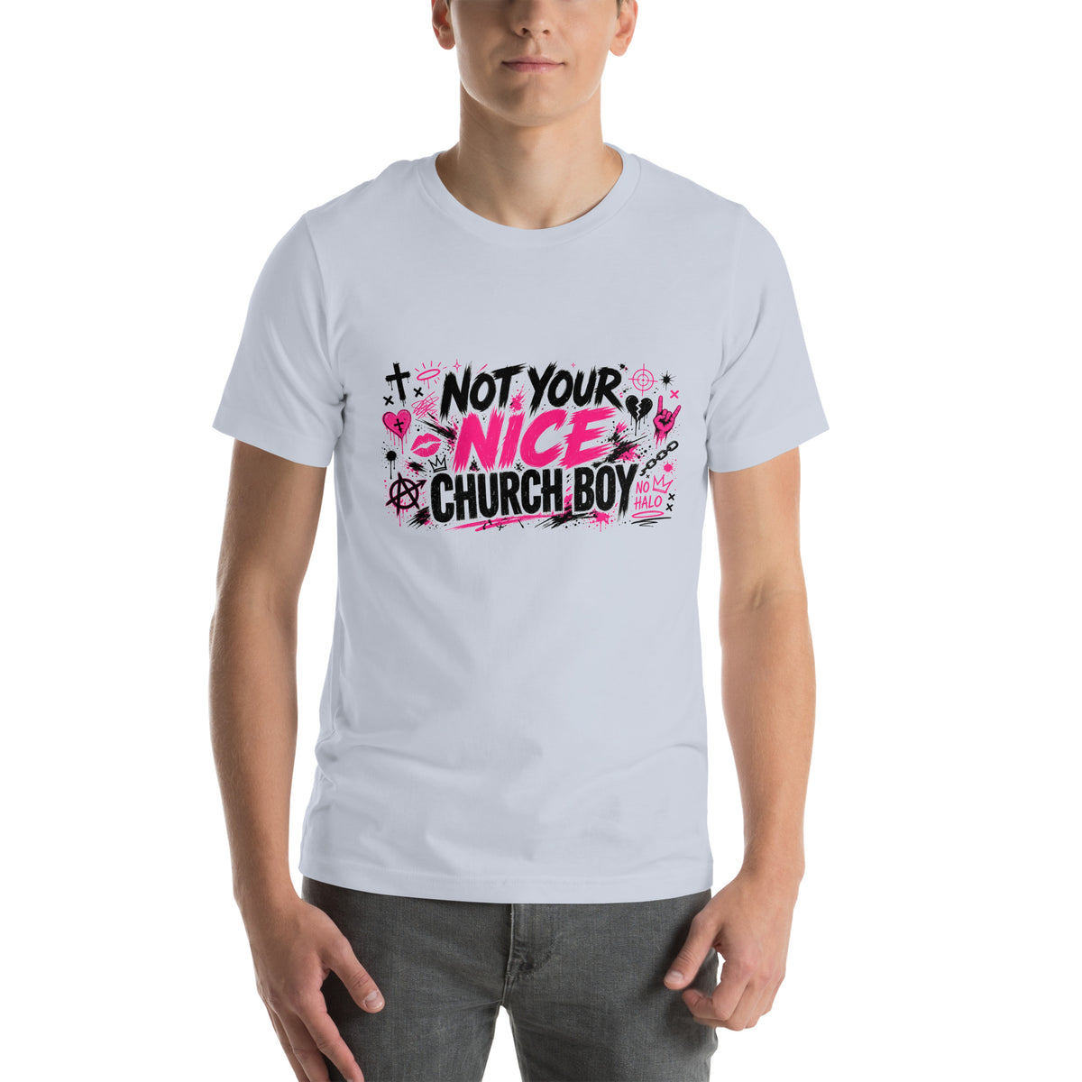 Not Your Nice Church Boy tee in Light Blue, front view