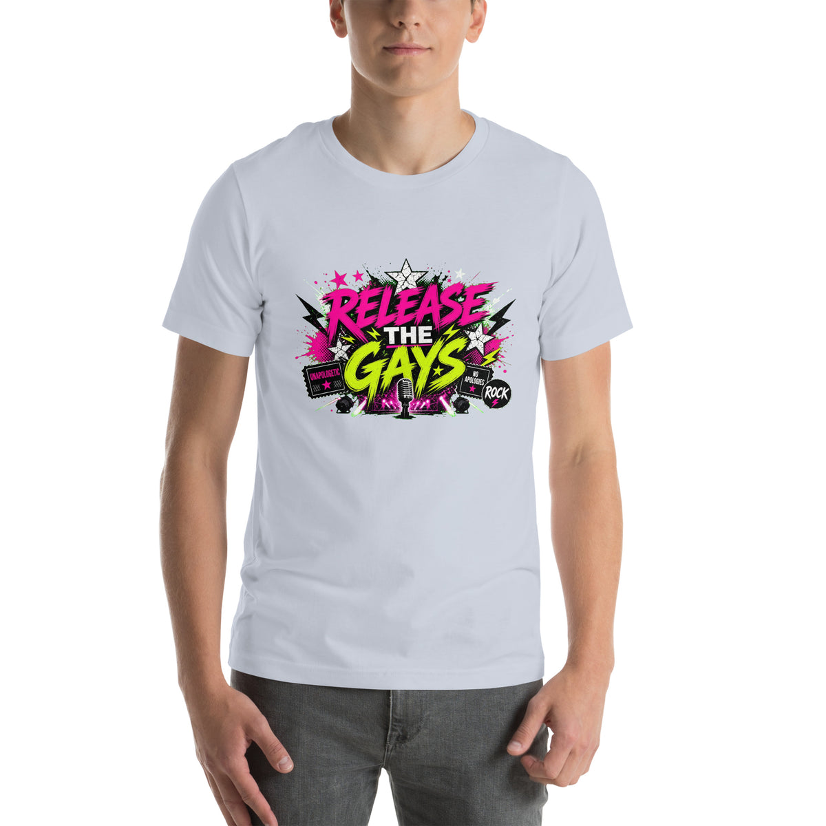 Release the Gays tee in Light Blue, front view