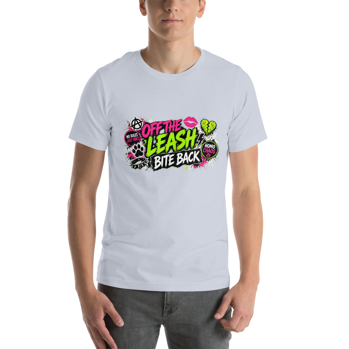 Off The Leash tee in Light Blue, front view